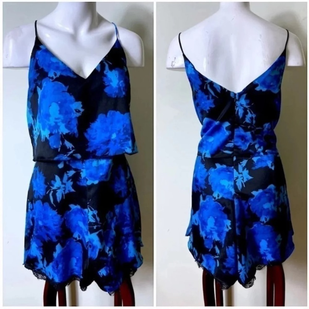 Topshop Blue Black Satin Floral Strappy Romper Playsuit Lace Hem Size 12 Large